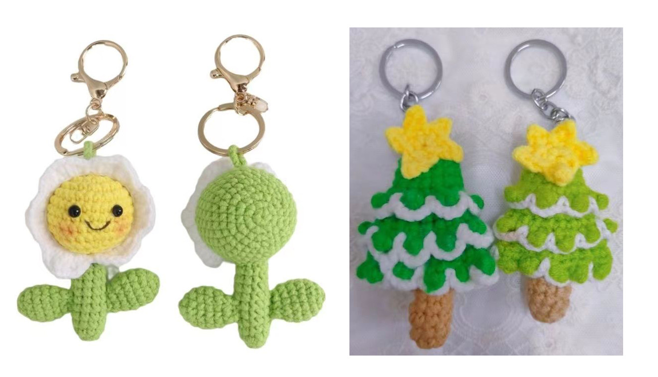 Crochet Keychains, 2 styles, egg flowers smile or X'mas tree (2pcs together)